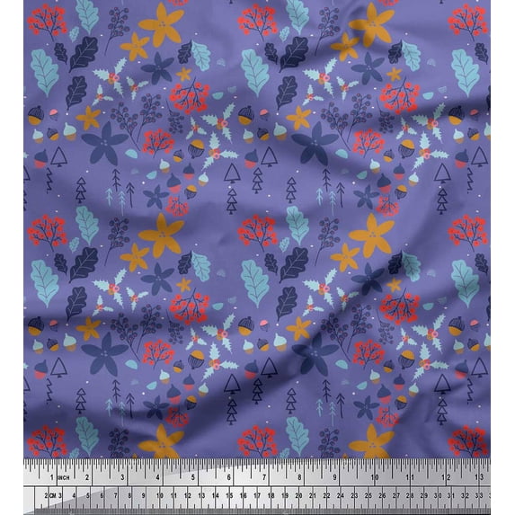 Soimoi Purple Cotton Duck Fabric Artistic Leaf & Floral Print Sewing Fabric Yard 42 Inch Wide