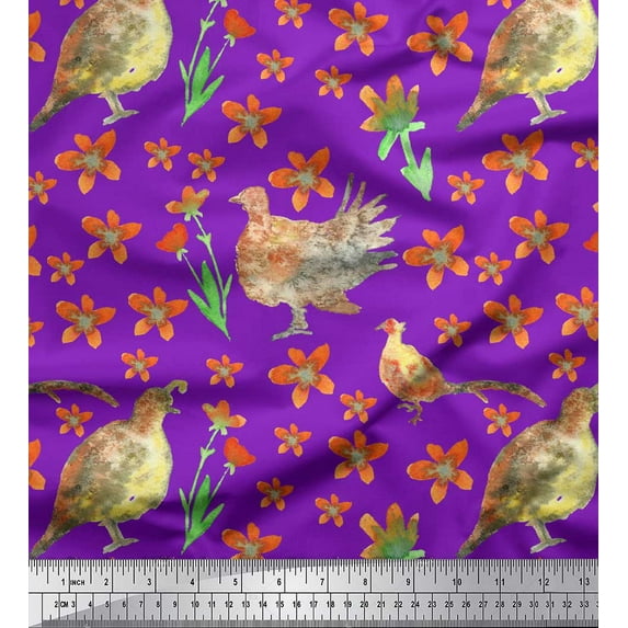 Soimoi Purple Cotton Duck Fabric Bird & Floral Print Fabric by the Yard 56 Inch Wide