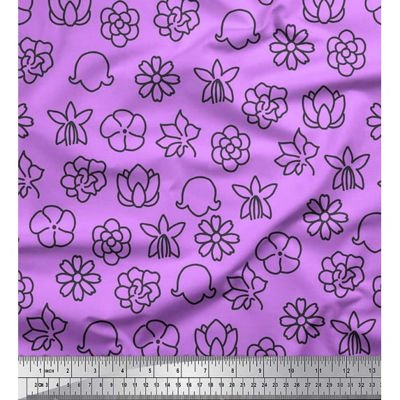 Soimoi Purple Cotton Duck Fabric Black Sketch Floral Print Fabric by the Yard 42 Inch Wide