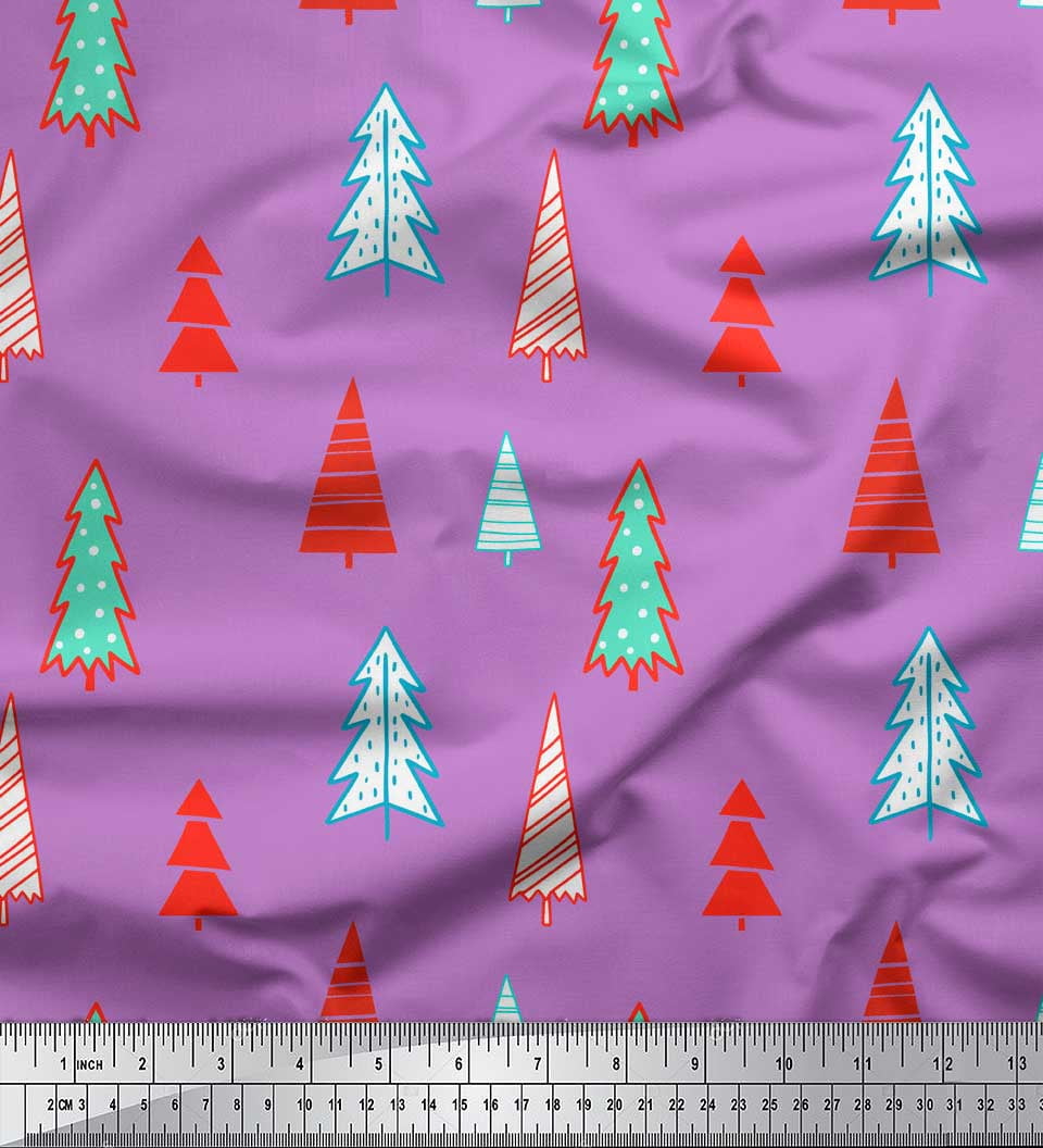 Soimoi Purple Cotton Duck Fabric Christmas Tree Print Fabric by Yard 56 Inch Wide