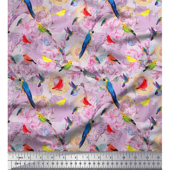 Soimoi Purple Cotton Duck Fabric Floral,Parrot & Hummingbird Bird Print Fabric by The Yard 56 Inch Wide