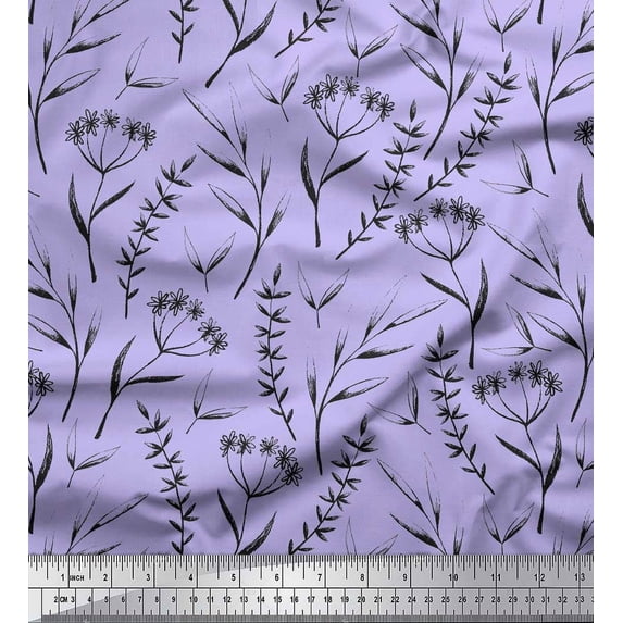Soimoi Purple Cotton Duck Fabric Flower Leaves Print Sewing Fabric Yard 44 Inch Wide