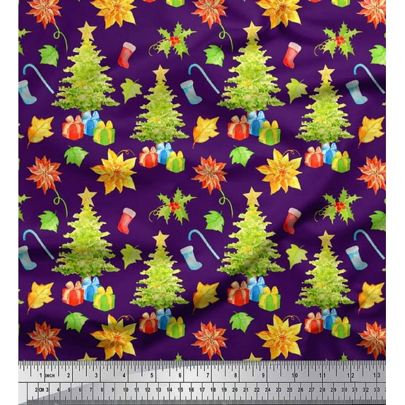 Soimoi Purple Cotton Duck Fabric Gifts & Christmas Tree Printed Fabric 1 Yard 42 Inch Wide