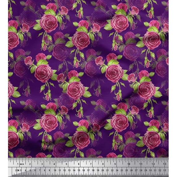 Soimoi Purple Cotton Duck Fabric Leaves & Austin Rose Floral Print Fabric by the Yard 56 Inch Wide