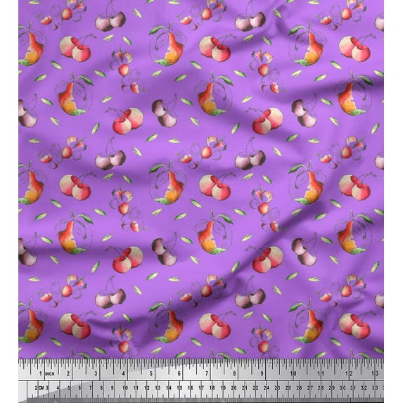 Soimoi Purple Cotton Duck Fabric Leaves & Berries Fruits Printed Fabric 1 Yard 42 Inch Wide