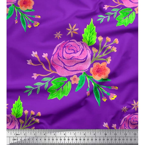 Soimoi Purple Cotton Duck Fabric Leaves & Rose Floral Print Fabric by Yard 42 Inch Wide