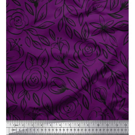 Soimoi Purple Cotton Duck Fabric Leaves & Rose Floral Print Sewing Fabric Yard 56 Inch Wide