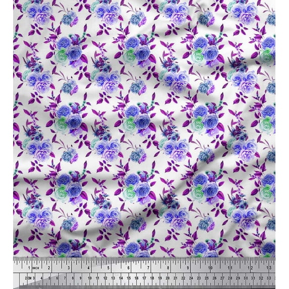 Soimoi Purple Cotton Duck Fabric Leaves & Rose Flower Printed Fabric 1 Yard 42 Inch Wide