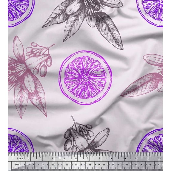 Soimoi Purple Cotton Duck Fabric Lemon Slice & Floral Printed Craft Fabric by the Yard 56 Inch Wide