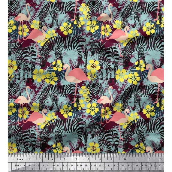 Soimoi Purple Cotton Duck Fabric Monstera Leaves,Flamingo & Wild Animal Print Fabric by The Yard 42 Inch Wide