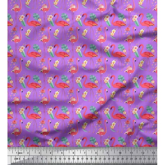 Soimoi Purple Cotton Duck Fabric Monstera Leaves,Peach Floral & Flamingo Bird Print Fabric by The Yard 56 Inch Wide
