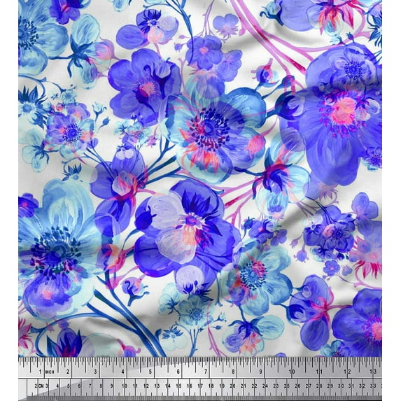 Soimoi Purple Cotton Duck Fabric Pink Floral Printed Fabric 1 Yard 42 Inch Wide