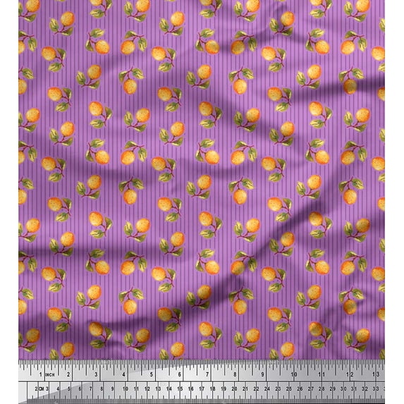 Soimoi Purple Cotton Duck Fabric Stripe & Orange Fruits Print Sewing Fabric Yard 56 Inch Wide