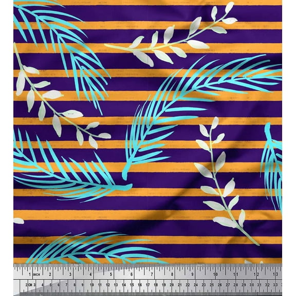 Soimoi Purple Cotton Duck Fabric Stripe & Palm Leaves Print Fabric by the Yard 44 Inch Wide