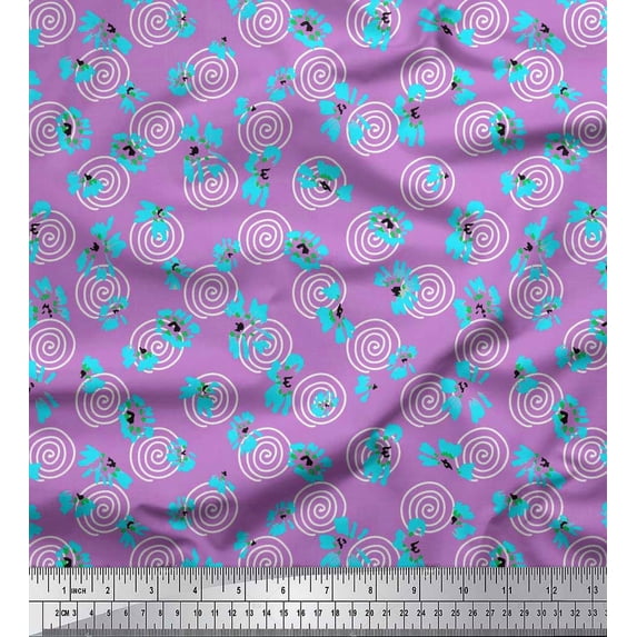Soimoi Purple Cotton Duck Fabric Stripe & Wild Flower Floral Print Sewing Fabric Yard 42 Inch Wide