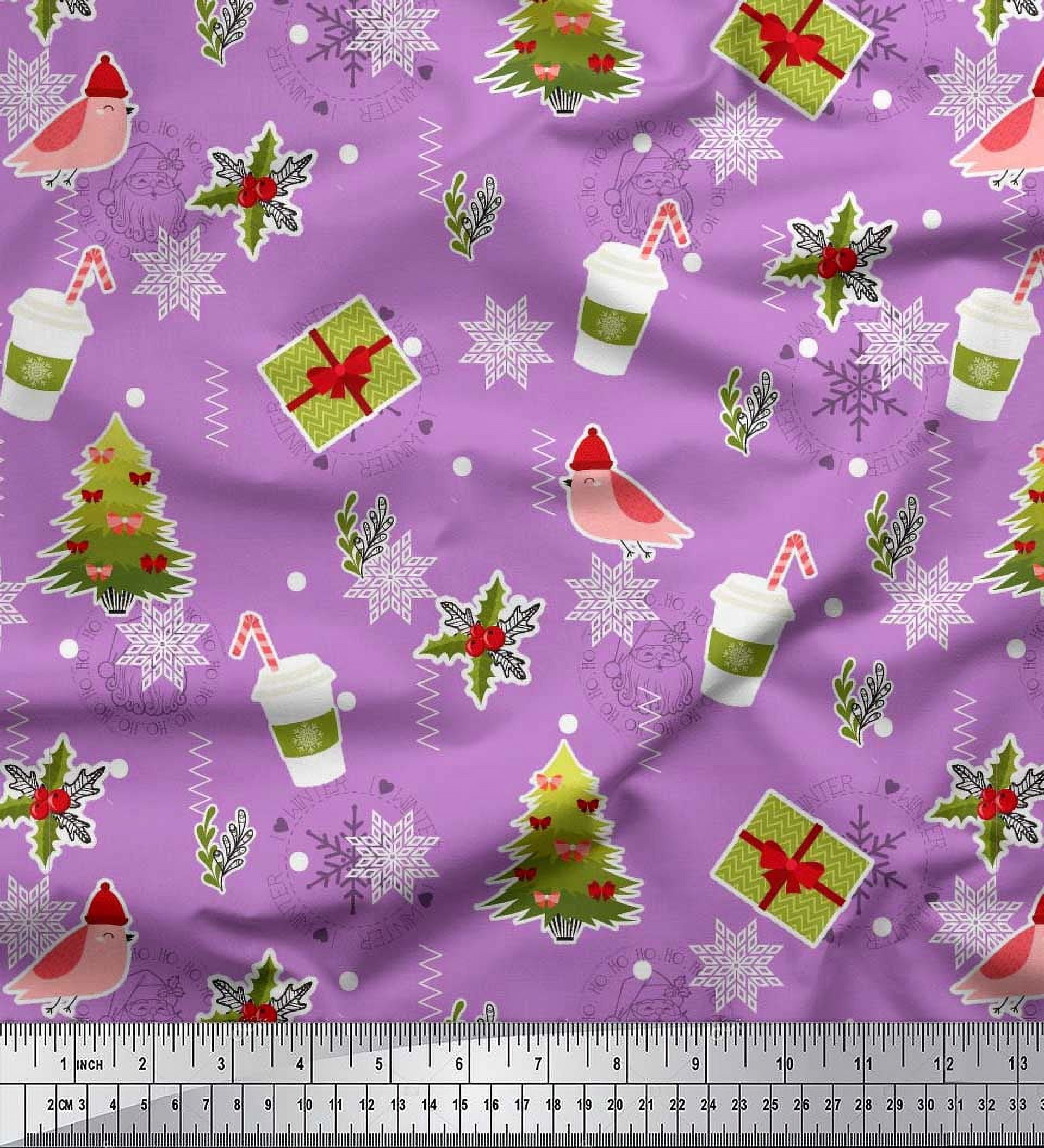 Soimoi Purple Cotton Jersey Fabric Coffee Cup,Gift Box & Tree Christmas Decor Fabric Printed Yard 58 Inch Wide