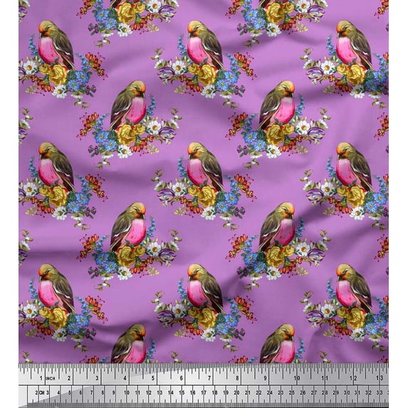 Soimoi Purple Cotton Jersey Fabric Leaves,Floral & American Robin Bird Fabric Prints by Yard 58 Inch Wide