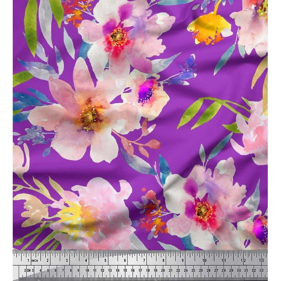 Soimoi Purple Cotton Jersey Fabric Leaves & Floral Printed Craft Fabric by The Yard 58 Inch Wide