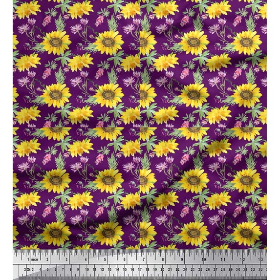 Soimoi Purple Cotton Jersey Fabric Leaves & Sunflower Floral Printed Craft Fabric by the Yard 58 Inch Wide
