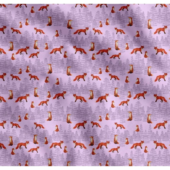 Soimoi Purple Cotton Poplin Fabric Cedar Tree & Fox Animal Decor Fabric Printed Yard 42 Inch Wide