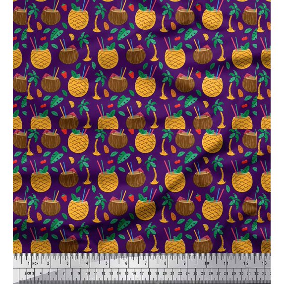 Soimoi Purple Cotton Poplin Fabric Coconut Tree & Leaf Tropical Printed Craft Fabric by the Yard 56 Inch Wide