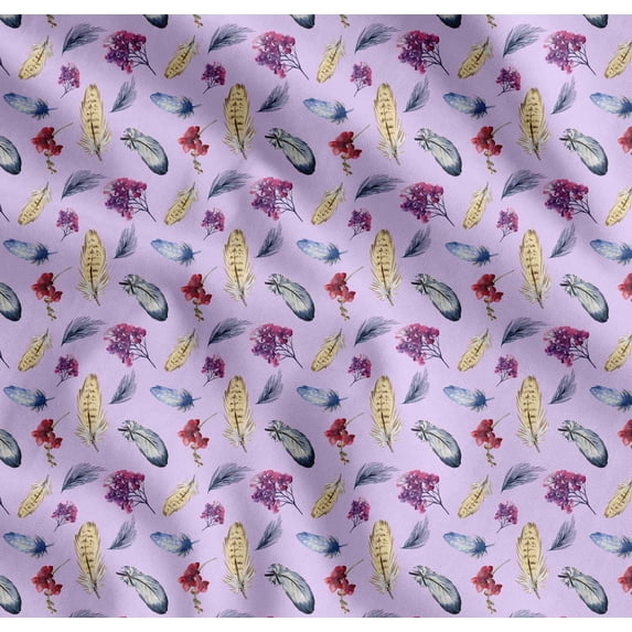 Soimoi Purple Cotton Poplin Fabric Feather & Floral Print Sewing Fabric Yard 56 Inch Wide