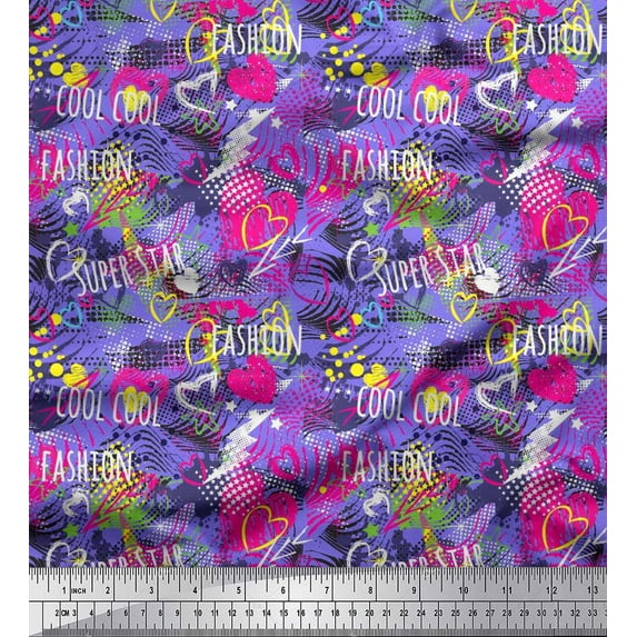 Soimoi Purple Cotton Poplin Fabric Heart,Star & Fashion Text Printed Craft Fabric by the Yard 42 Inch Wide