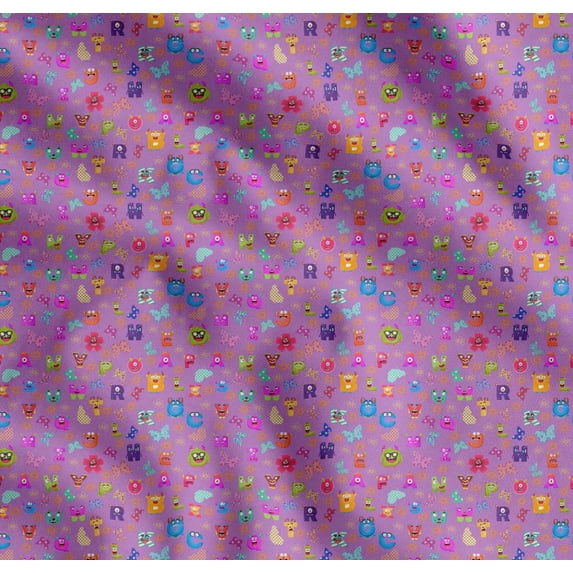Soimoi Purple Cotton Poplin Fabric Insect,Sun & Cartoon Alphabets Text Print Fabric by The Yard 56 Inch Wide