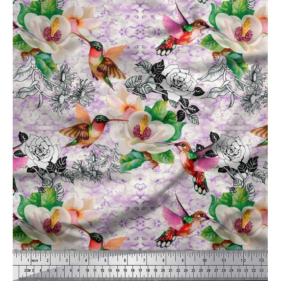 Soimoi Purple Cotton Poplin Fabric Leaves,Hummingbird & White Floral Decor Fabric Printed BTY 42 Inch Wide