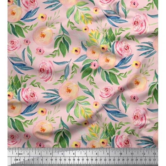 Soimoi Purple Cotton Poplin Fabric Leaves & Ranunculus Floral Decor Fabric Printed Yard 56 Inch Wide