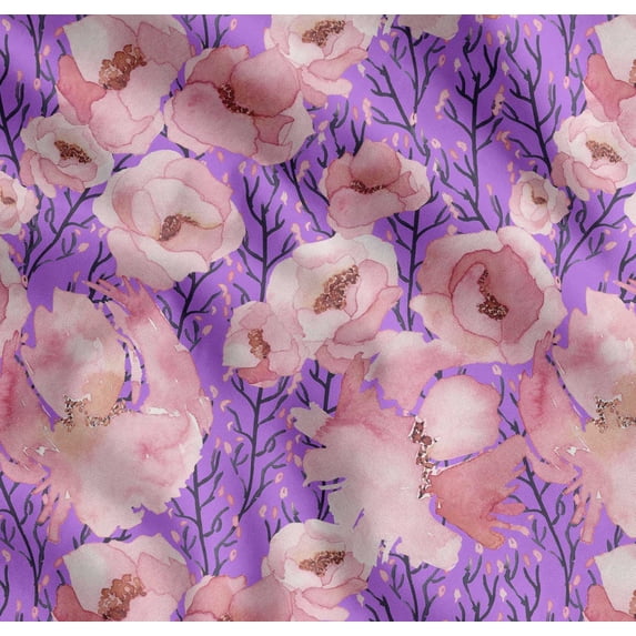 Soimoi Purple Cotton Voile Fabric Branch & Peach Flower Watercolor Print Fabric by Yard 42 Inch Wide
