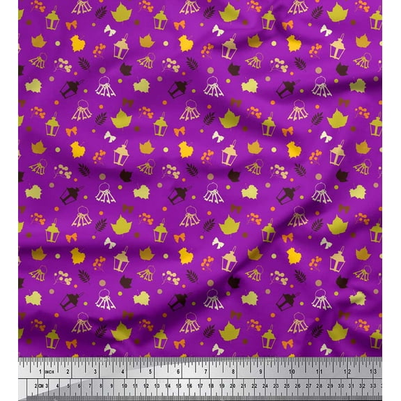 Soimoi Purple Cotton Voile Fabric Dot,Lantern & Autumn Leaves Clip Art Printed Fabric 1 Yard 56 Inch Wide