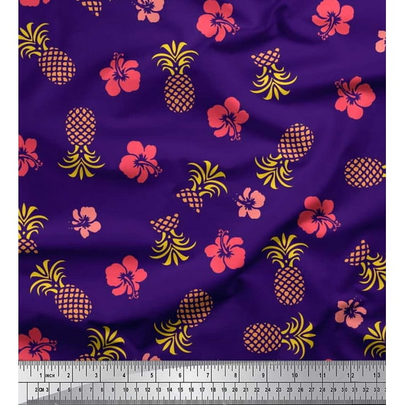 Soimoi Purple Cotton Voile Fabric Floral & Pine Fruits Print Fabric by Yard 42 Inch Wide