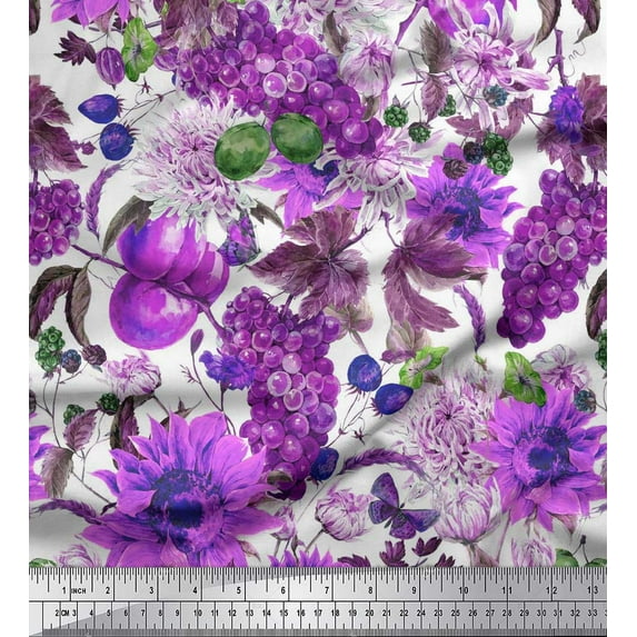 Soimoi Purple Cotton Voile Fabric Grapes & Sunflower Flower Print Fabric by Yard 42 Inch Wide