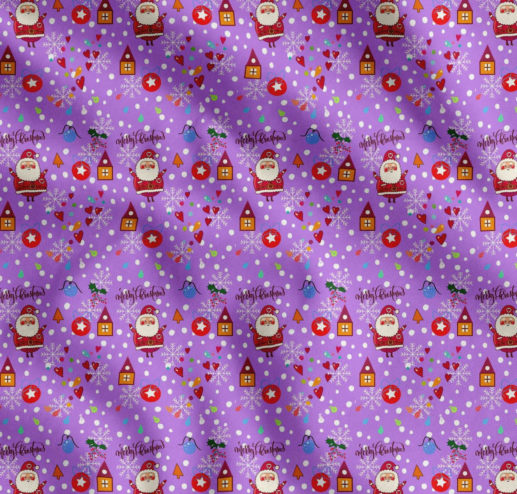 Soimoi Purple Cotton Voile Fabric Heart,Santa & Baubles Christmas Print Sewing Fabric Yard 42 Inch Wide