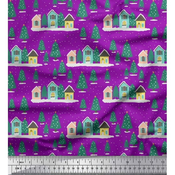 Soimoi Purple Cotton Voile Fabric House & Tree Christmas Print Fabric by the Yard 42 Inch Wide