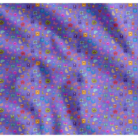 Soimoi Purple Cotton Voile Fabric Insect,Sun & Cartoon Alphabets Text Printed Fabric 1 Yard 56 Inch Wide