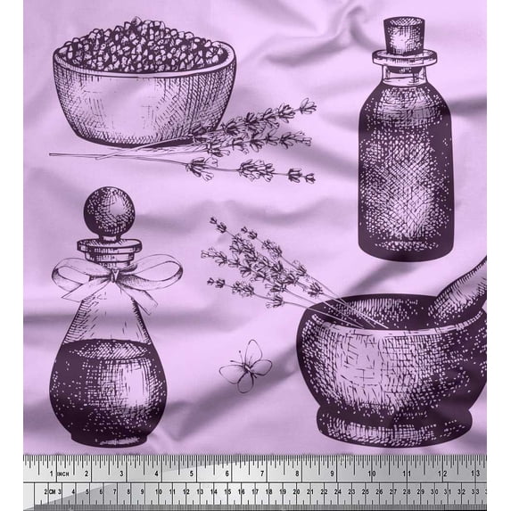 Soimoi Purple Cotton Voile Fabric Lavender,Bottle & Mortar And Pestle Kitchen Printed Fabric 1 Yard 42 Inch Wide