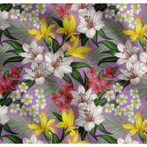 Soimoi Purple Cotton Voile Fabric Leaves & Lily Floral Print Sewing Fabric Yard 56 Inch Wide