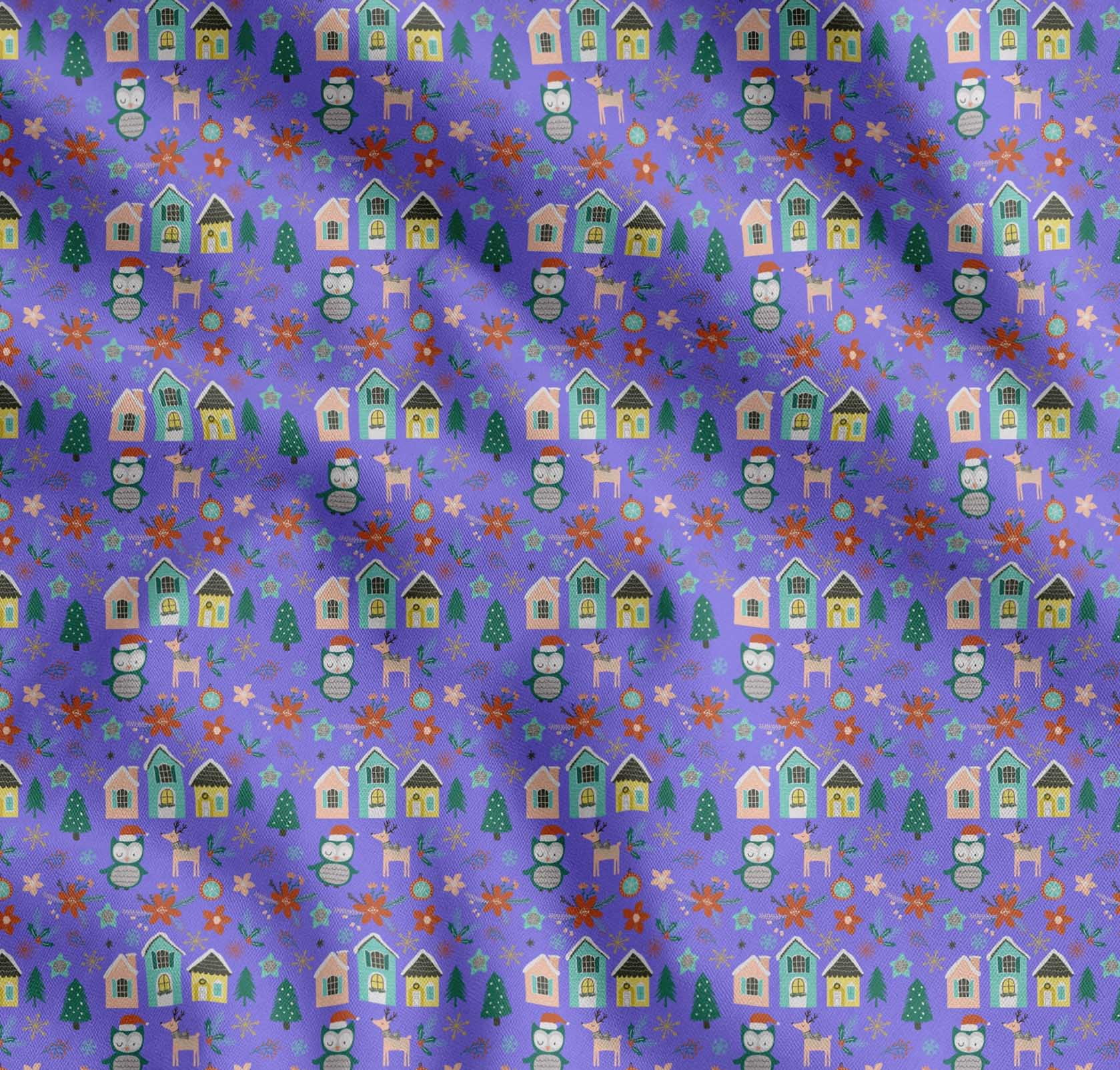 Soimoi Purple Cotton Voile Fabric Owl & Tree Christmas Print Fabric by the Yard 56 Inch Wide
