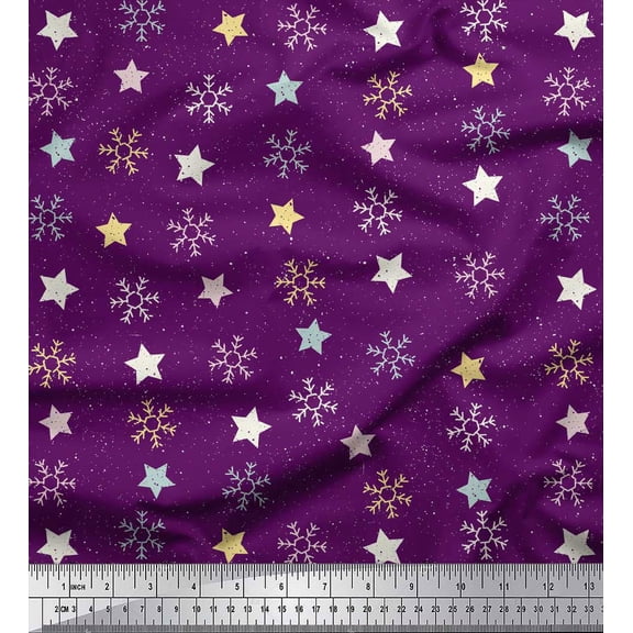 Soimoi Purple Cotton Voile Fabric Snow Flakes & Star Print Fabric by Yard 42 Inch Wide