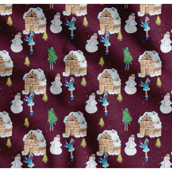 Soimoi Purple Cotton Voile Fabric Snowman,House & Tree Christmas Printed Fabric 1 Yard 42 Inch Wide