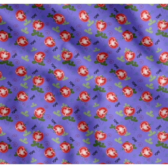 Soimoi Purple Cotton Voile Fabric Text,Leaves & Tomato Vegetable Print Fabric by the Yard 42 Inch Wide