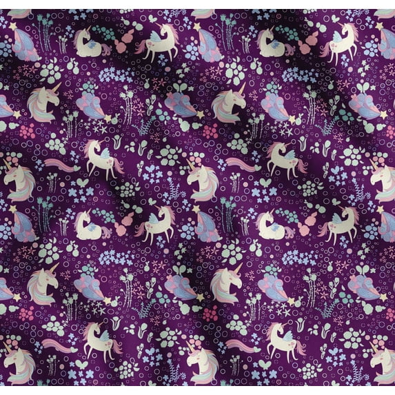Soimoi Purple Cotton Voile Fabric Unicorn & Floral Print Sewing Fabric Yard 42 Inch Wide