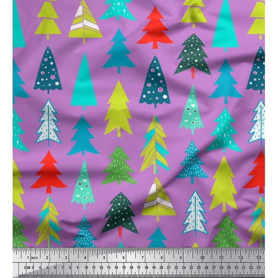 Soimoi Purple Georgette Viscose Fabric Christmas Tree Printed Fabric 1 Yard 42 Inch Wide