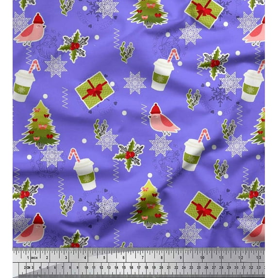 Soimoi Purple Georgette Viscose Fabric Coffee Cup,Gift Box & Tree Christmas Print Fabric by Yard 42 Inch Wide