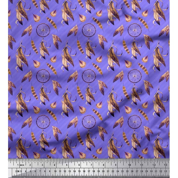 Soimoi Purple Georgette Viscose Fabric Feather & Dream Catcher Home Decor Print Sewing Fabric Yard 42 Inch Wide