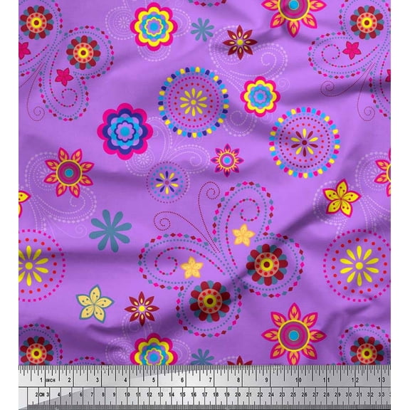 Soimoi Purple Georgette Viscose Fabric Insect & Floral Clip Art Print Fabric by The Yard 42 Inch Wide