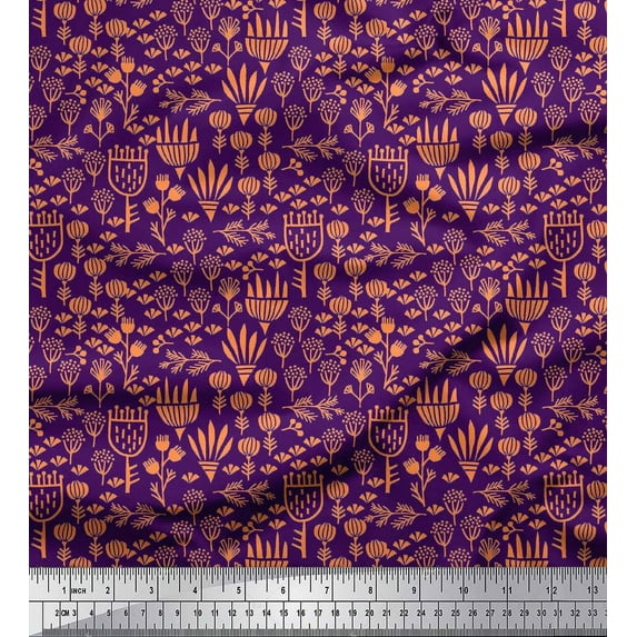 Soimoi Purple Georgette Viscose Fabric Leaves & Clover Flower Clip Art Decor Fabric Printed Yard 42 Inch Wide