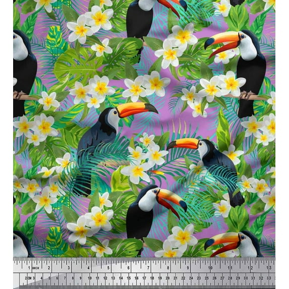 Soimoi Purple Georgette Viscose Fabric Tropical Leaves,White Floral & Toucan Bird Fabric Prints by Yard 42 Inch Wide